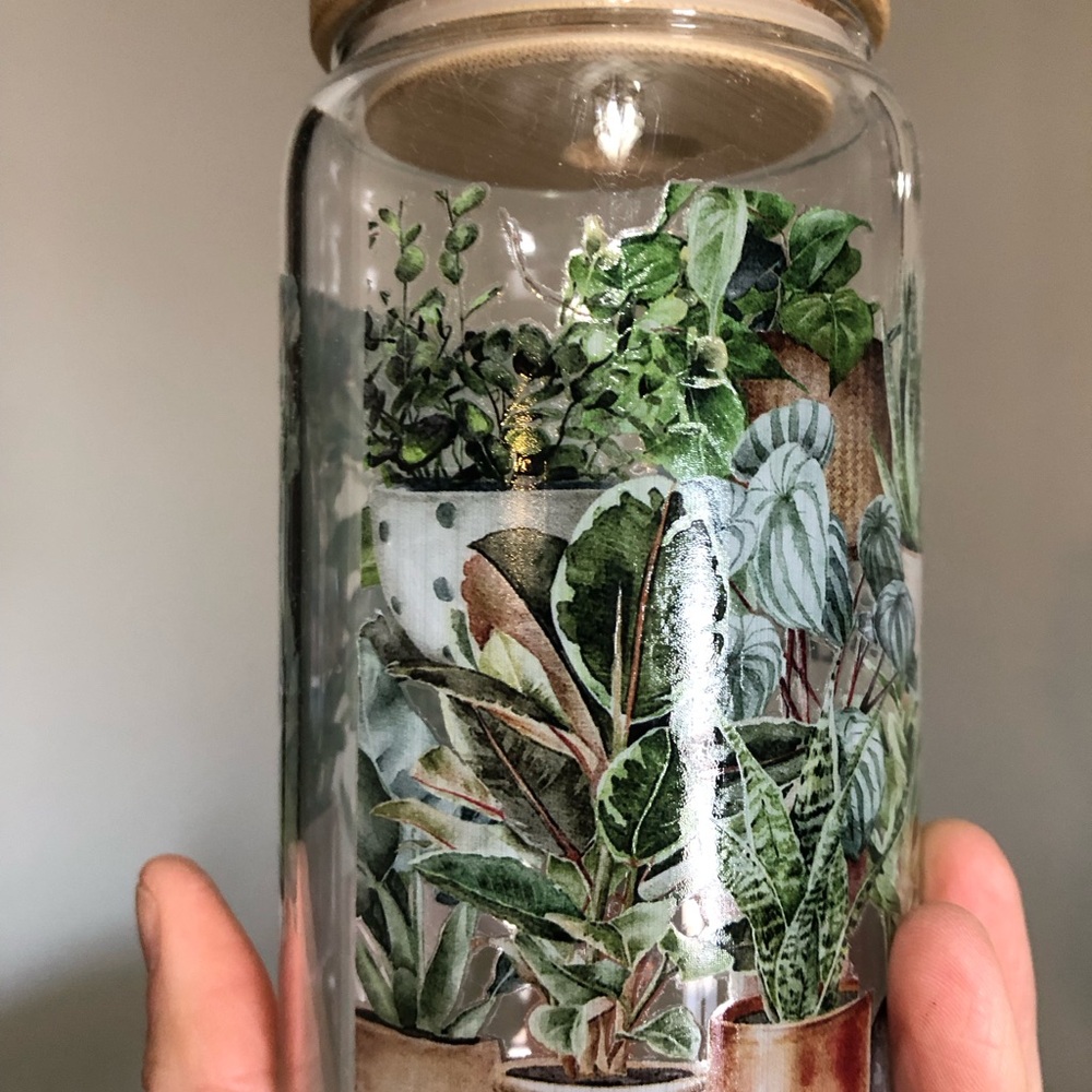 Glass Jar with Plant Design and Wooden Lid